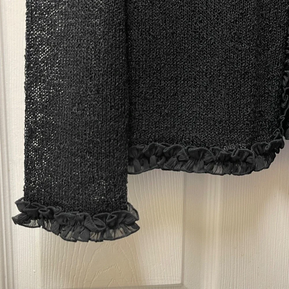 VTG Chico's Black Ruffle Trim Open Cardigan Sz‎ 1 Medium  Textured Knit Sweater